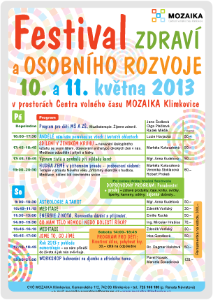 Festival zdraví a osobního rozvoje, 10. a 11. 5., centrum volného času Mozaika Klimkovice